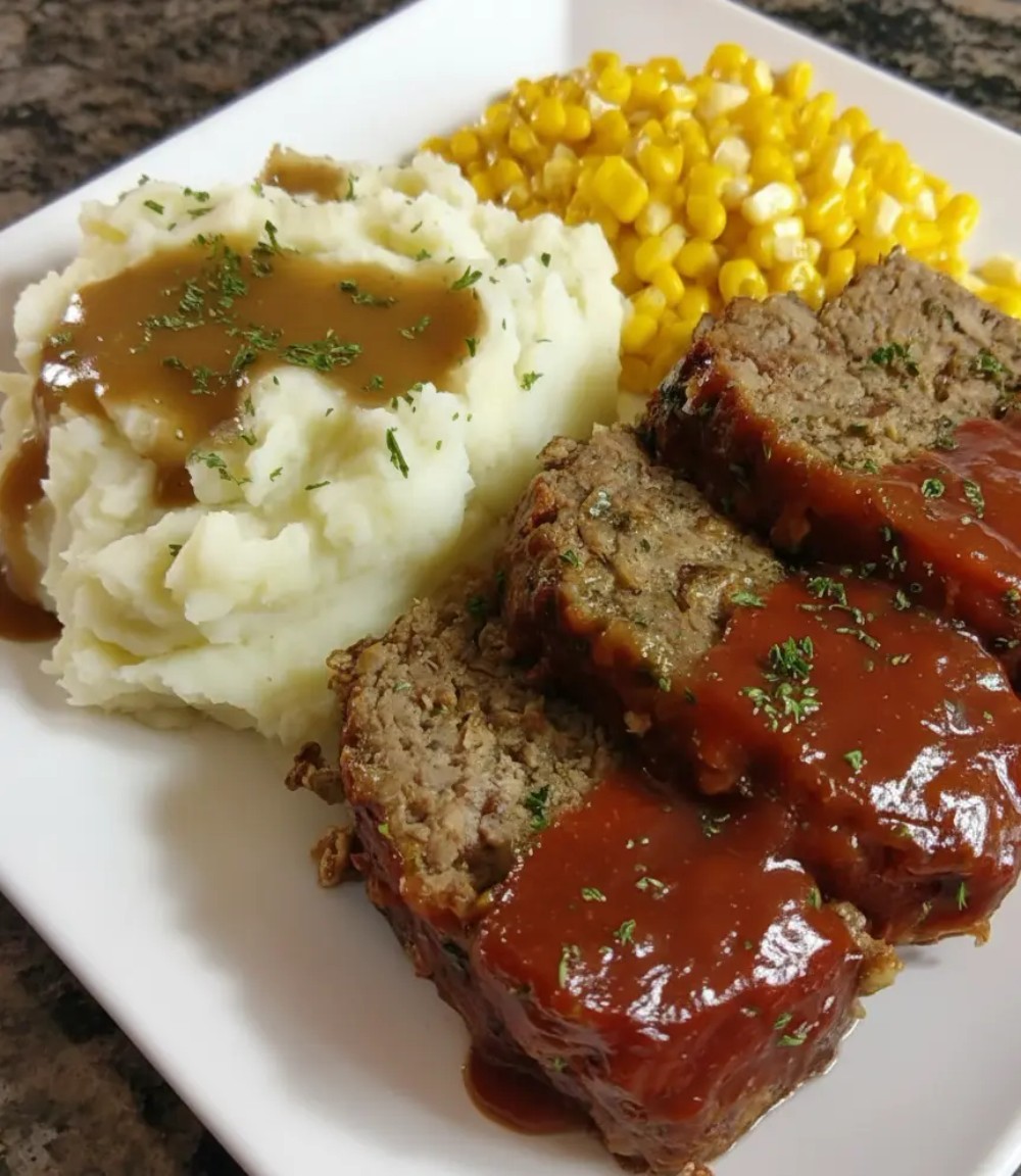 Classic Meatloaf with Mashed Potatoes, Brown Gravy, and Buttery Cor