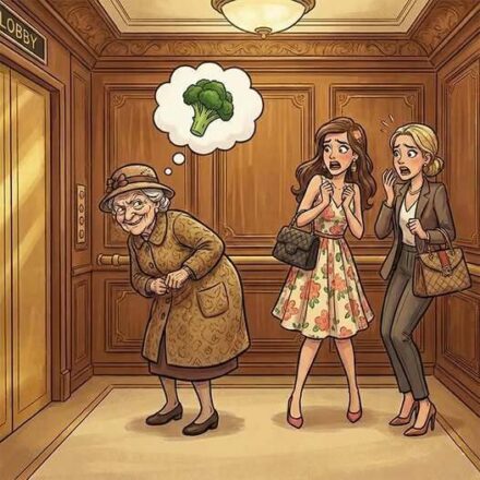 Old Woman Is Riding In An Elevator.