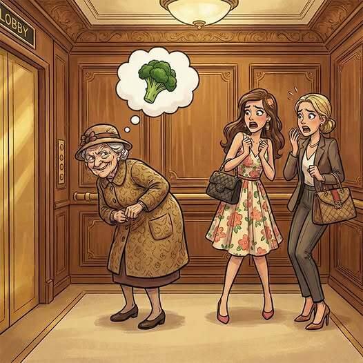 Old Woman Is Riding In An Elevator.