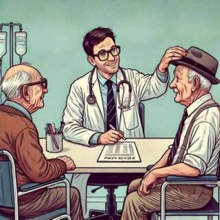Three elderly men visit the doctor’s office for a memory tesst.