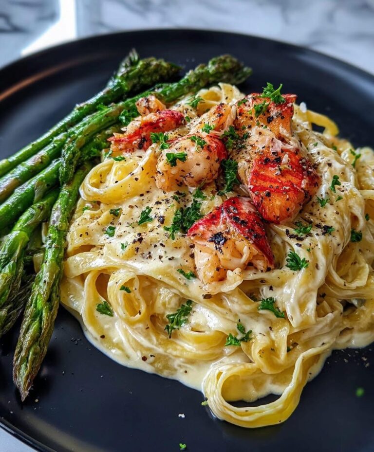 Creamy Lobster Alfredo with Roasted Asparagus