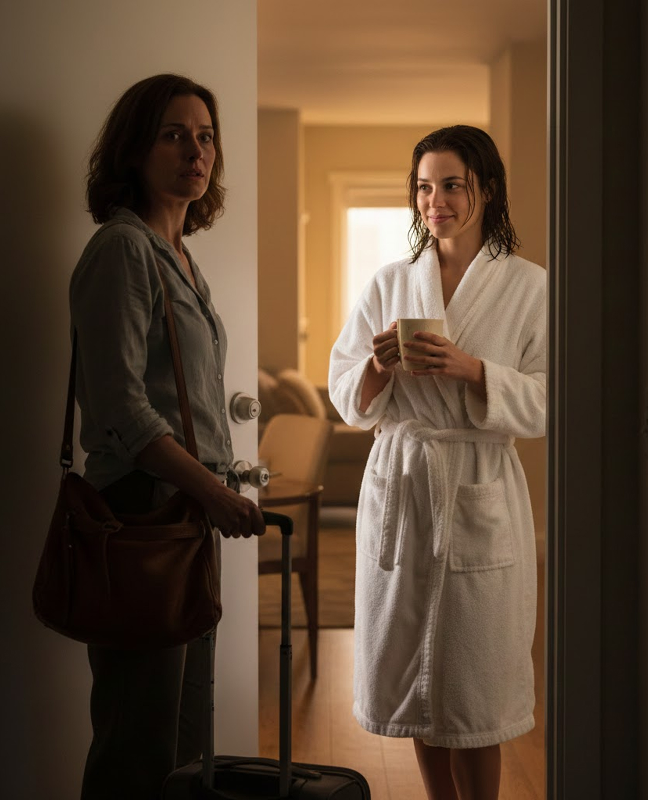 “My flight was canceled, so I returned home earlier than planned. When I opened the door, a woman in my lab coat smiled and said, ‘You’re the real estate agent, aren’t you?’ I nodded… and went inside. Because the truth was about to be revealed.”