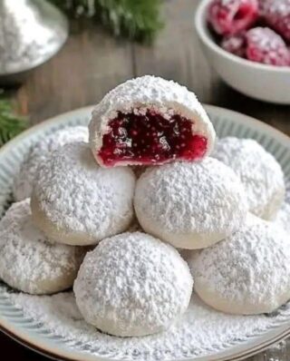 🌸 Raspberry-Filled Almond Snow Cookies