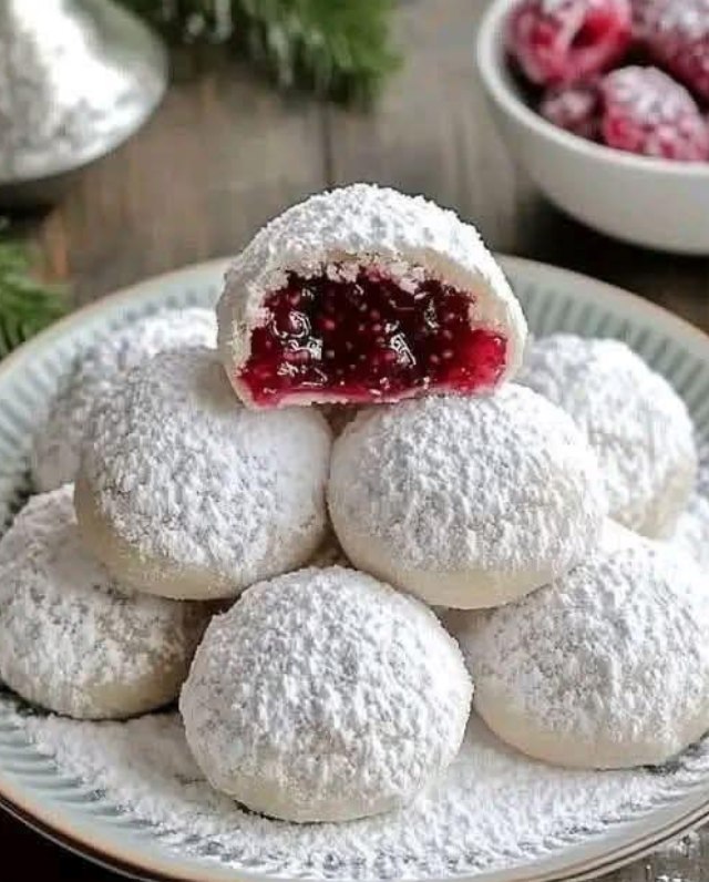 🌸 Raspberry-Filled Almond Snow Cookies