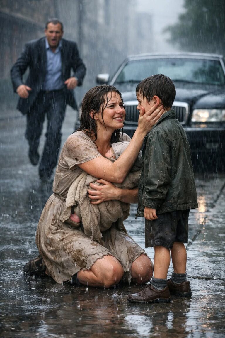 A humble mother helps a crying little boy while holding her son, unaware that his millionaire father was watching
