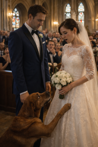 The wedding ceremony came to a halt when a dog ran into the church and caused the bride to step outside.
