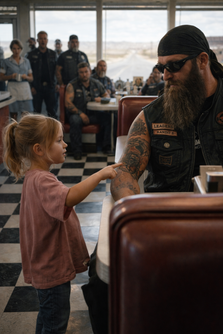 A Six-Year-Old Girl Walked Across a Quiet Arizona Roadside Diner and Pointed at the Tattoo on a Silent Biker’s Arm — Unaware That Her Innocent Words Would Reveal the Missing Sister He Had Spent Years Searching For