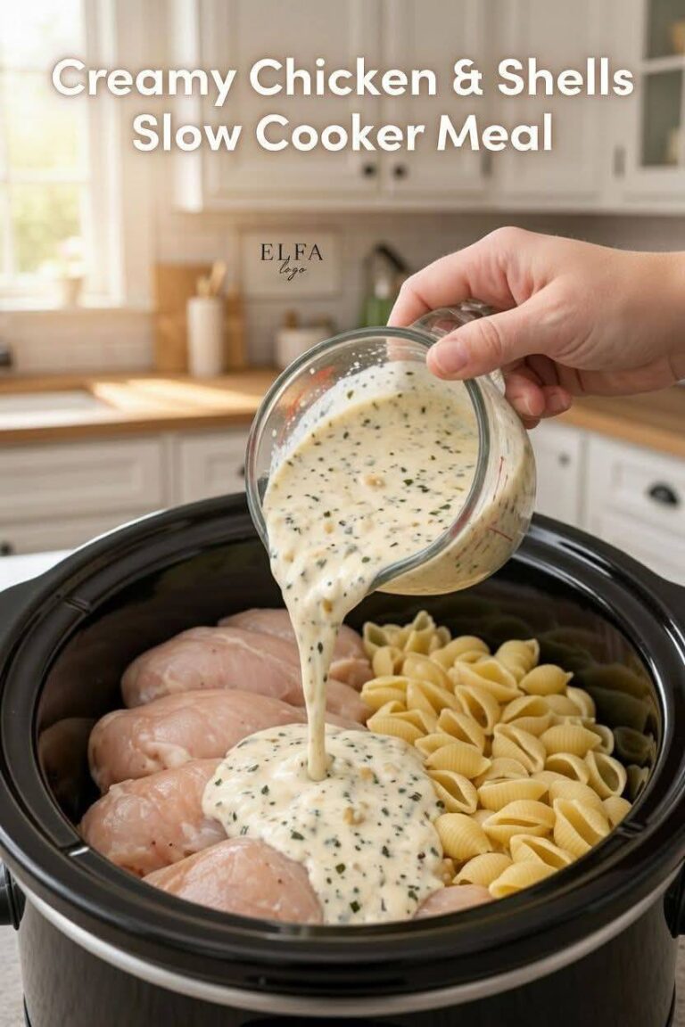 Crockpot Creamy Garlic Chicken Shells