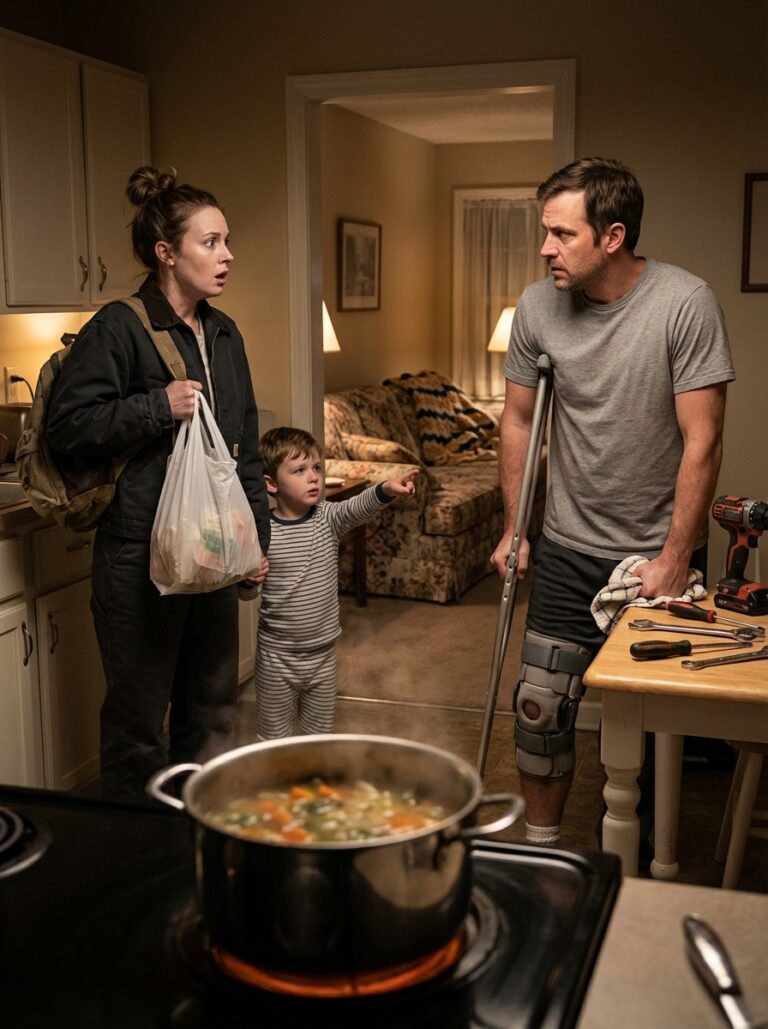 I took in a homeless man with a leg brace for one night because my son couldn’t stop staring at him in the cold. I left for work the next morning expecting him to be gone by evening. When I came back exhausted, my apartment didn’t look the same—clean counters, trash out, the door fixed, food simmering on the stove