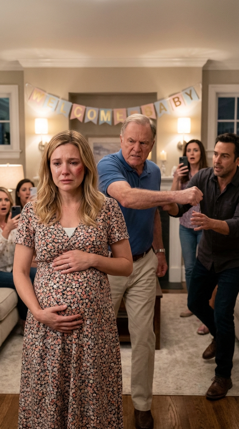 My father-in-law sʟᴀᴘᴘᴇᴅ me at the baby shower and called me “defective.” He didn’t know I was 11 weeks pregnant. The room went silent. Several people started recording with their phones. Hours later, I ended up in the emergency room. And the next morning, my husband had to make a choice: his father or his child.