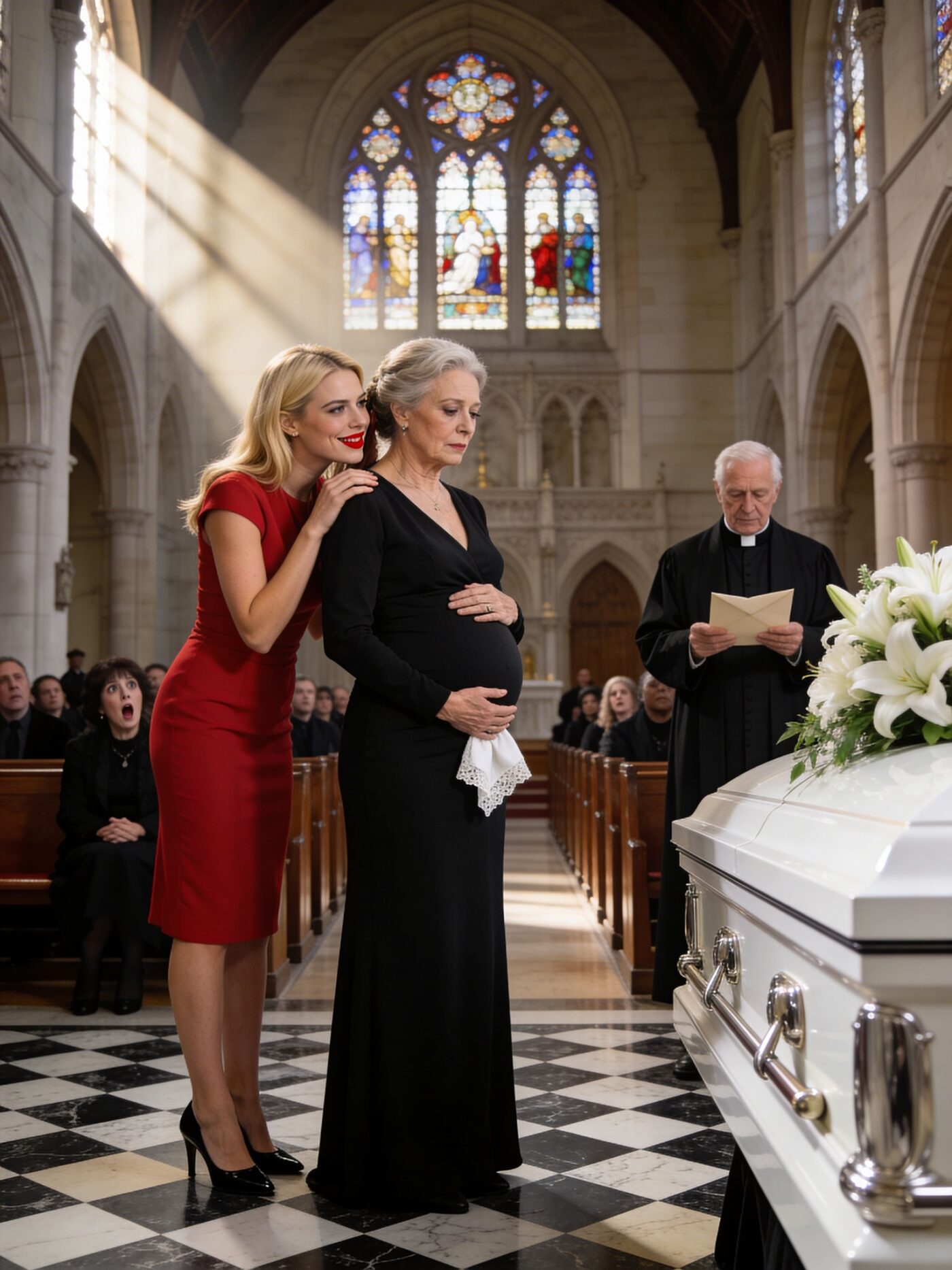 I arrived at my pregnant daughter’s funeral and saw her husband walk in laughing with another woman. She leaned toward me and whispered, ‘Looks like I won.’ But then the lawyer called for silence to read the will… and everyone was left frozen.