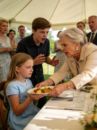 At my mother’s annual garden party, she snatched my eight-year-old daughter’s plate and said, “Adopted children eat in the kitchen.” Seventy-five relatives went dead silent. I took a slow sip of water and said nothing—until my teenage son stood up and asked, “Grandma, should I tell everyone who really owns this house?”
