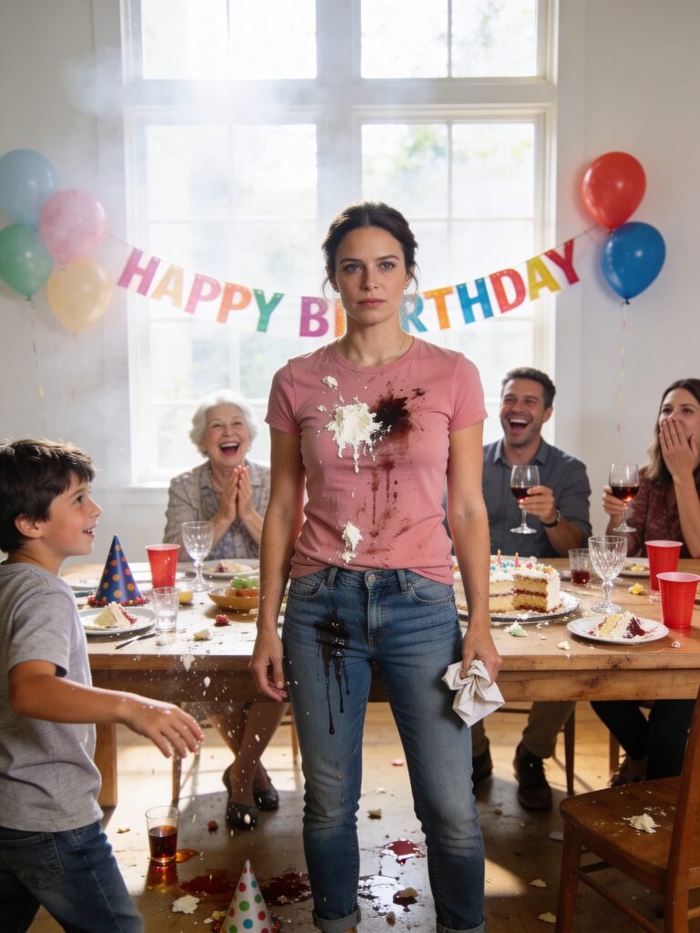At my mother’s birthday party, my brother’s son poured soda all over my lap and shouted, “Grandma says you shouldn’t even be here.” Everyone at the table burst out laughing. I quietly wiped my clothes, forced a smile, and didn’t say a word. That night, I removed my name from the loan I had co-signed for them. By the next morning, his car had been repossessed. And at exactly 8 a.m., someone knocked on my door. I opened it — and saw…