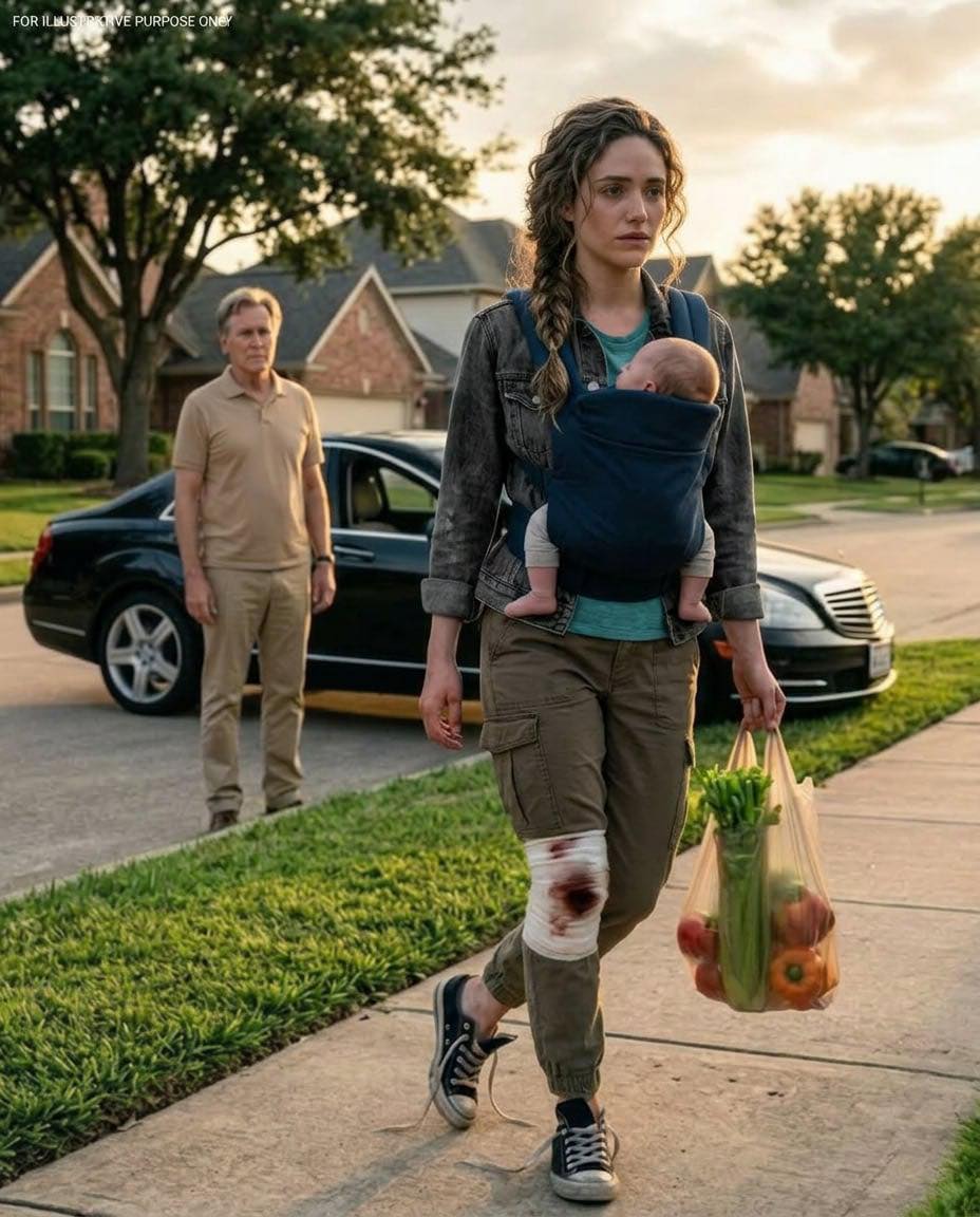 My dad saw me limping down the street, holding my baby and grocery bags, and asked where my car was. When I quietly explained that my partner’s mother had taken it and expected gratitude, his expression changed instantly.