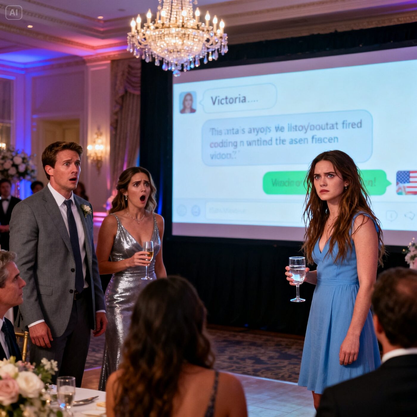 I walked into my brother’s engagement party, and his fiancée mocked me in front of everyone. But at exactly 9 o’clock, the screen behind the stage revealed her cruel messages—and suddenly, every smile in the ballroom vanished.