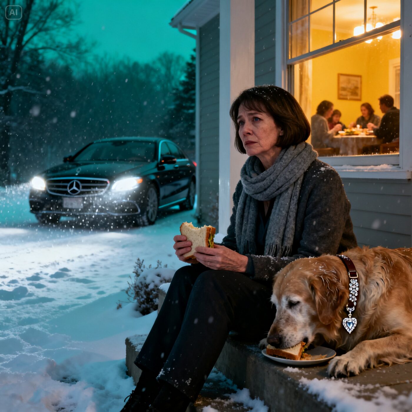 On Christmas night, I was left outside while my family ate inside. I shared my only sandwich with a freezing dog—and the diamond on his collar changed everything.