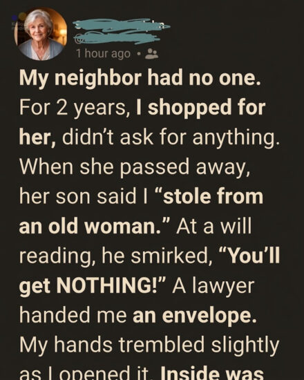 I Took Care of My Lonely Neighbor for 2 Years—At Her Will Reading, Her Son Said I’d Get NOTHING… Then the Lawyer Handed Me This