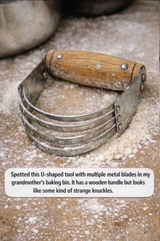 Spotted this U-shaped tool with multiple metal blades in my grandmother’s baking bin. It has a wooden handle but looks like some kind of strange knuckles.