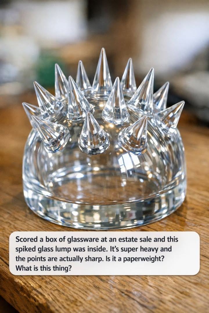 Scored a box of glassware at an estate sale and this spiked glass lump was inside. It’s super heavy and the points are actually sharp. Is it a paperweight? What is this thing?